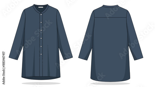 Detailed flat technical drawing of a versatile dark blue long-sleeved tunic shirt, presenting front and back views. Features a mandarin collar,