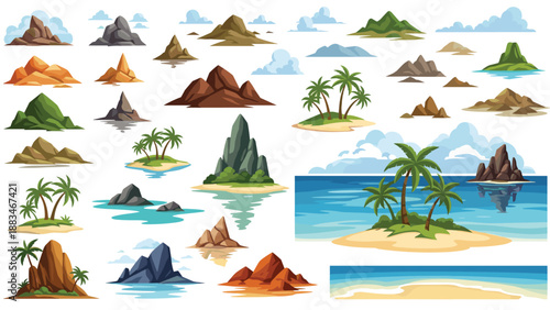Large collection of diverse island and mountain terrain elements featuring tropical palms and rocky landmasses for world map building.