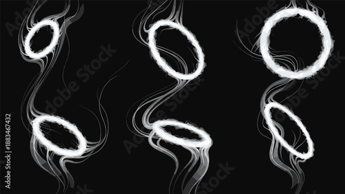 Series of wispy white smoke rings floating against a solid black background creating an ethereal and atmospheric effect of swirling vapor.