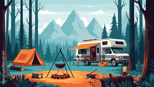 Peaceful camping site in the mountains featuring an orange tent and an rv camper parked near a warm bonfire in a dense evergreen forest.