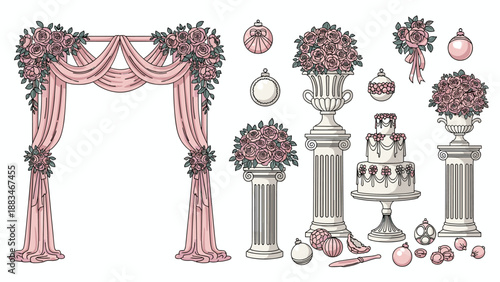 Elegant wedding ceremony decoration elements including a pink floral archway, multi tiered cake, ornate columns, and various rose bouquets.