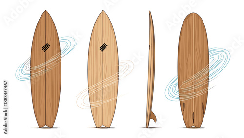 Handcrafted wooden surfboards shown from multiple angles including front and side views with elegant wood grain patterns and minimalist stripes.