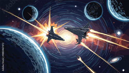 Epic space battle scene in pixel art style featuring futuristic spaceships and explosions near large planets and distant swirling galaxies.