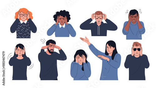 Diverse group of people suffering from headaches and stress showing various poses of pain and frustration for health awareness and medicine.