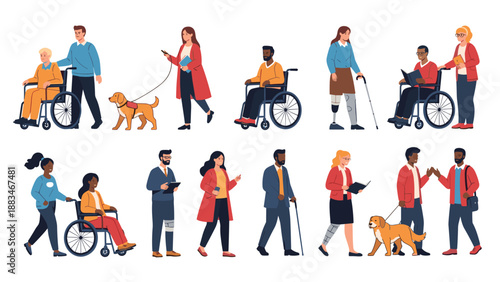 Inclusive community of diverse people with disabilities including wheelchair users and individuals with prosthetic limbs or guide dogs.