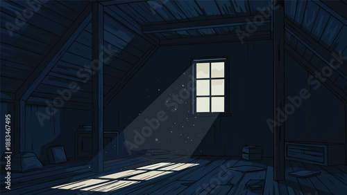 Dark and dusty abandoned attic room showing light beams streaming through a small window and illuminating the old wooden floor boards.