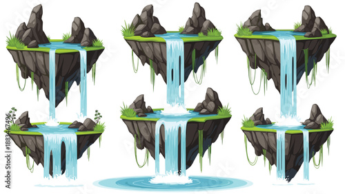 Floating fantasy islands with cascading waterfalls falling into a central pool of water against a clean white background for game design.