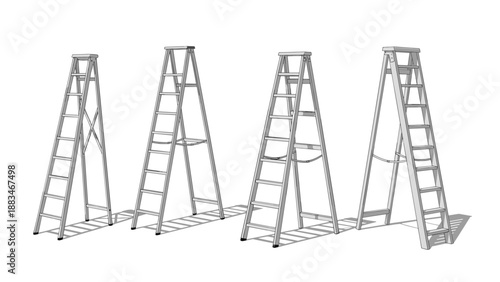 Selection of aluminum step ladders in various sizes and configurations shown from a perspective angle on a plain white background.
