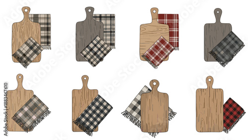 Wooden cutting boards and plaid kitchen towels set in various colors and arrangements for rustic kitchen decor and food styling.