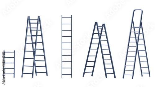 Simple blue metal ladders and step stools shown in various sizes and angles from a front on perspective on a white background.