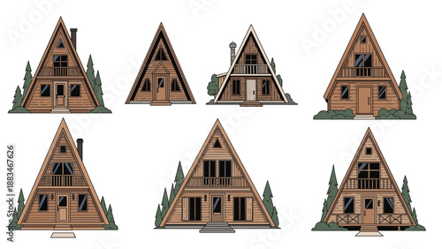 Collection of cozy wooden a frame mountain cabins with balconies and chimneys nestled among small evergreen pine trees.