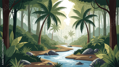 Tropical jungle landscape featuring a flowing river through dense green trees and palm plants under a bright hazy forest canopy.