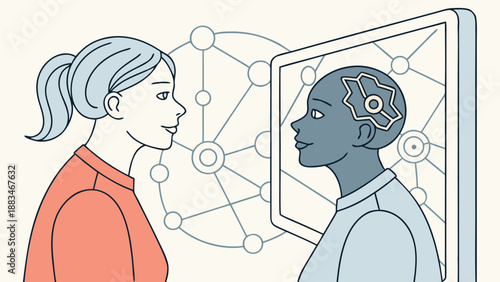 Ai bias concept illustrated as distorted data reflection in screen between human and robot faces