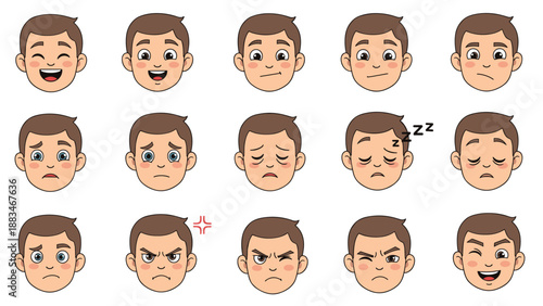 Cartoon boy faces expressing various human emotions from happy and excited to sad, angry, tired, and surprised in a grid layout.