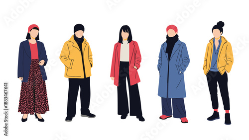 Group of diverse people standing in a row wearing various stylish winter outfits and coats isolated on a plain white background.