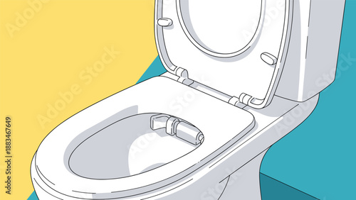 Modern white ceramic toilet with an open lid shown from an angled perspective against a yellow and blue geometric background.