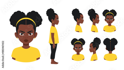 Character design sheet for a young girl with dark skin and puffy buns showing front, side, and back views with different outfits.
