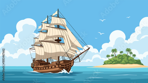 Large classic wooden sailing ship navigating on the deep blue ocean near a tropical island with palm trees under a cloudy sky.