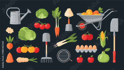 Assorted gardening tools and fresh vegetables on a dark background including shovel, rake, tomatoes, carrots, and a wheelbarrow.
