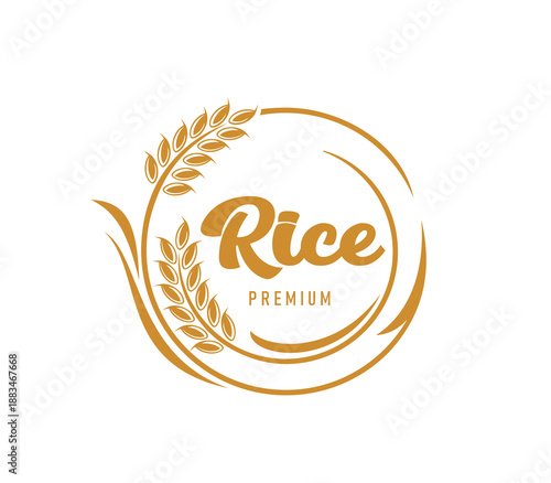Paddy rice ear icon, premium organic product sign. Cereal growth farmer market vector emblem, natural cereal products shop or store symbol. Quality rice organic farm sign with rice ear and typography
