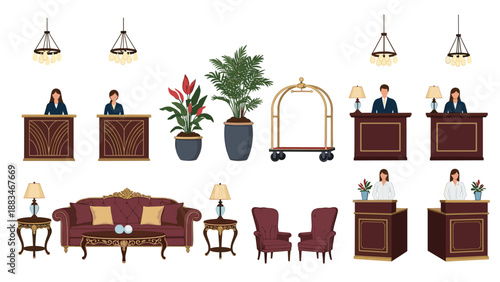 Professional hotel lobby furniture and staff set including receptionists, reception desks, luggage carts, sofas, and decorative plants.
