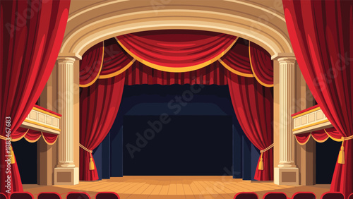 Classical theater stage with a grand wooden floor, red velvet curtains, golden tassels, and elegant white pillars on the sides.
