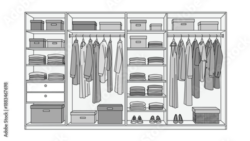Systematic walk-in closet organization illustration showing various clothes hanging and neatly stacked on shelves with storage boxes.