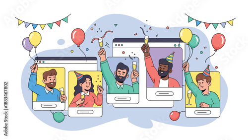 Virtual celebratory gathering features diverse people appearing in browser windows while holding drinks and colorful balloons.
