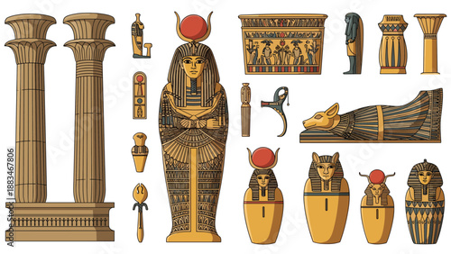Detailed collection of ancient egyptian artifacts including columns, a pharaoh sarcophagus, canopic jars, and symbolic statues.