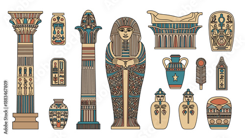 Further collection of ancient egyptian elements featuring ornate columns, vases, a sarcophagus, and hieroglyphic tablets.