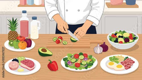 Professional chef prepares a variety of healthy meals on a wooden kitchen table featuring fresh vegetables, salads, and proteins.