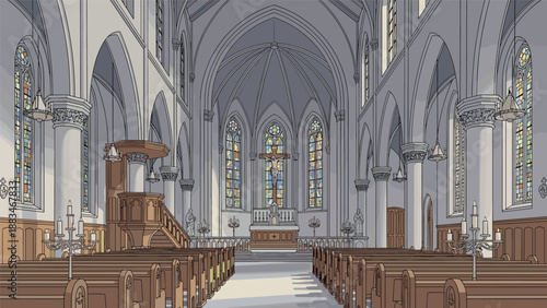 Grand interior view of a historic cathedral showcases rows of wooden pews leading toward a magnificent altar and stained glass.