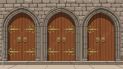 Massive triple arched wooden castle gates with decorative iron hinges are set into a solid stone wall of a medieval fortress.