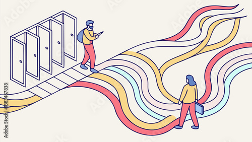 Illustration of ai moderation as invisible guidance with two people navigating colorful pathways
