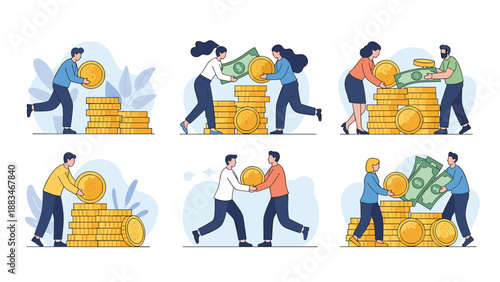 Various people engage in financial activities such as saving coins, trading banknotes, and stacking money in several small scenes.