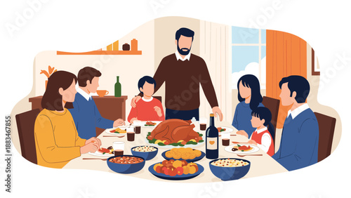 Happy family sits together around a large dinner table to enjoy a traditional roasted turkey feast for a holiday celebration.