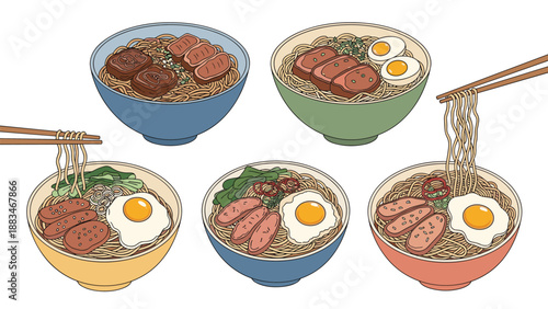 Diverse selection of ramen noodle bowls is displayed with various toppings including soft boiled eggs, pork slices, and greens.