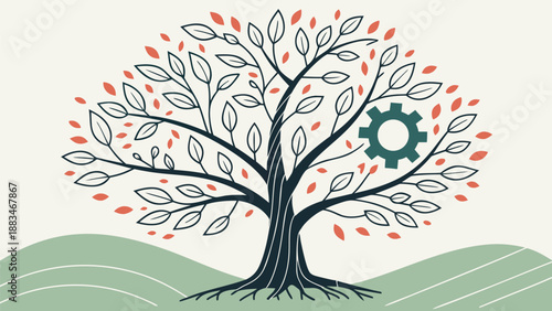 Ai learning illustrated as a growing digital tree with gear symbolizing technology and innovation in a natural environment