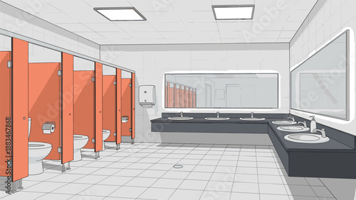 Clean public restroom interior features multiple orange toilet stalls, several sinks on a dark counter, and wide wall mirrors.