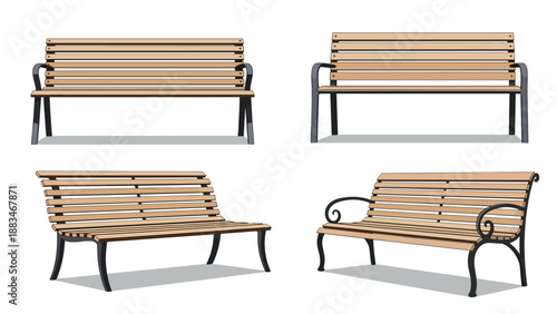 Graphic illustration presents four different styles of wooden park benches with black metal frames seen from various perspectives.