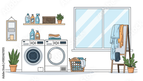 Contemporary laundry room is equipped with a washing machine, a dryer, laundry baskets, cleaning supplies, and green houseplants.