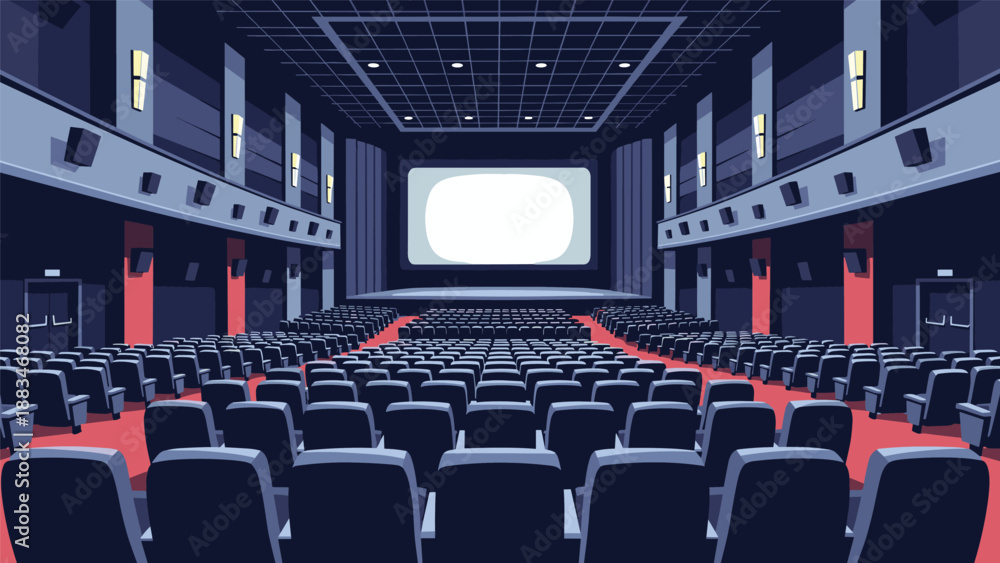 Fototapeta premium Interior view of a large empty movie theater with many rows of blue seats facing a wide blank cinema screen in the dark.
