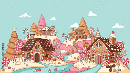 Magical candy land landscape features gingerbread houses, lollipop trees, candy cane paths, and rivers of sweet pink syrup.