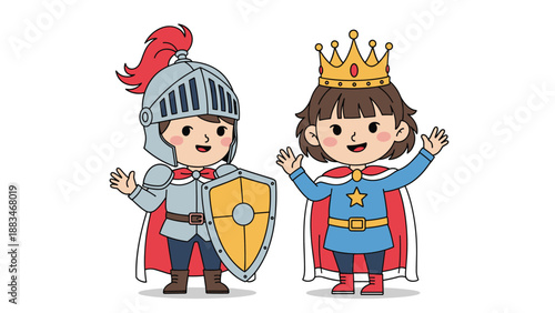 Two cute children dressed as a medieval knight and a royal princess wave happily while wearing their colorful fantasy costumes.