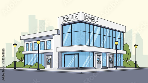 Modern bank building architectural illustration with glass windows and atm machines located in a city street setting.