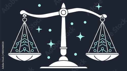 Digital ethics concept illustrated as a balance scale with circuit boards on a starry night background symbolizing technology and data privacy