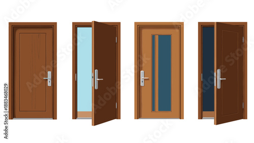 Set of wooden interior doors showing various positions from fully closed to partially open with realistic textures.