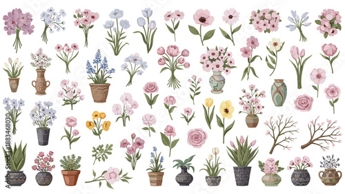 Extensive collection of potted plants, bouquets of flowers in vases, and individual floral arrangements is shown on a white background.