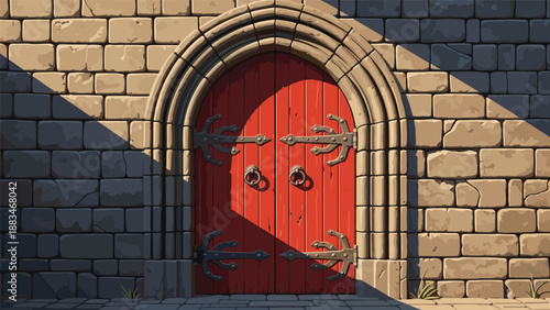 Medieval style red wooden arched door set within a thick stone castle wall under bright sunlight and shadows.