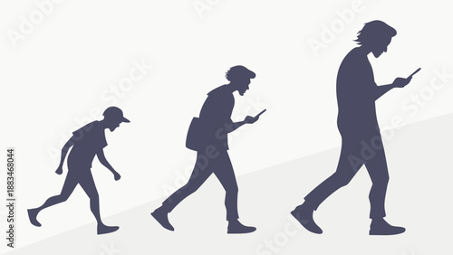 Digital evolution of humans walking with mobile devices illustrating technology addiction and social change
